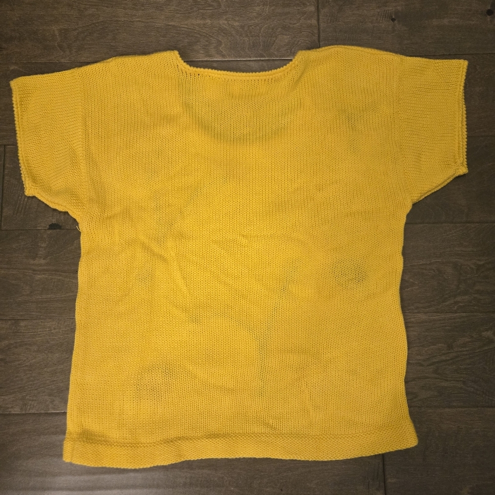Vintage 80s Leslie Fay Bright Yellow Floral Sweater, Cap Sleeves, Size Small - Picture 2 of 3